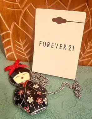 Forever 21 Kokeshi Doll Enamel Pendant Necklace with Red Ribbon 28"